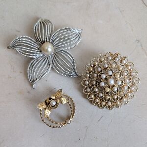 3 Vintage Faux Pearl Brooches